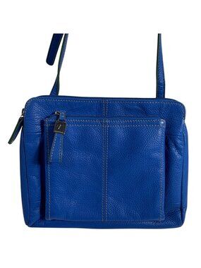 Tignanello Functionista Crossbody Blue Leather w/ Green Trim Travel Handbag EUC